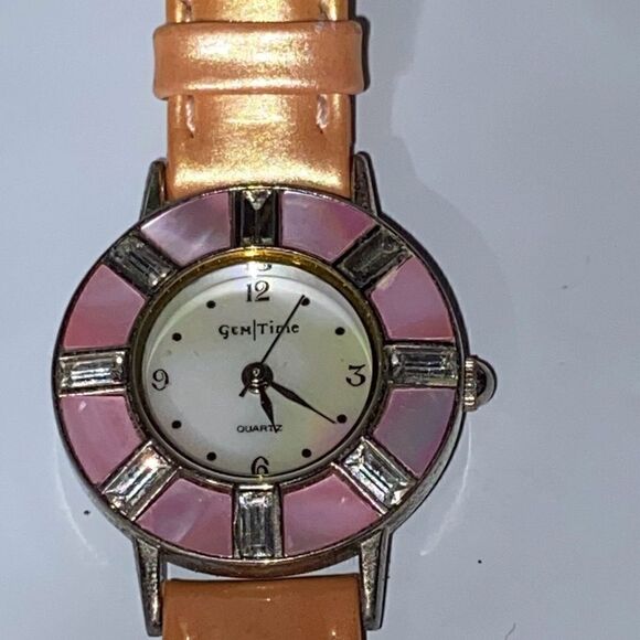 Gem Time Women's Gold Genuine Leather Band Embellished Silver Toned Quartz Watch - Picture 10 of 10